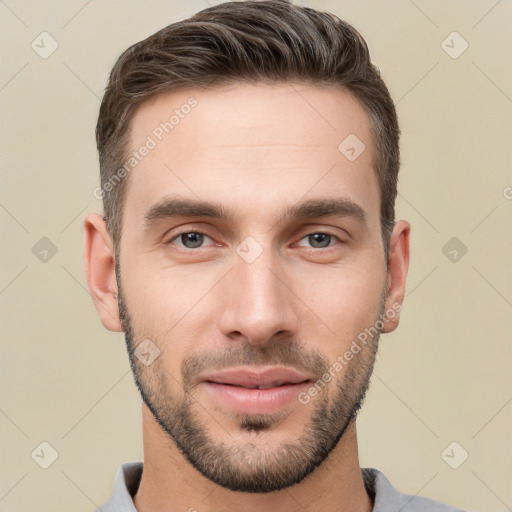 Neutral white young-adult male with short  brown hair and brown eyes