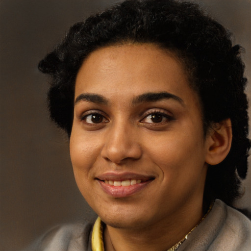 Joyful latino young-adult female with short  black hair and brown eyes