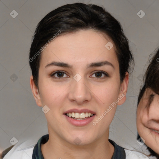 Joyful white young-adult female with medium  brown hair and brown eyes