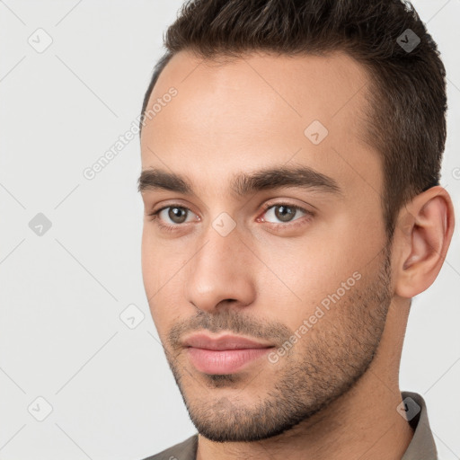 Neutral white young-adult male with short  brown hair and brown eyes