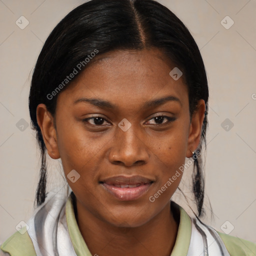 Joyful black young-adult female with medium  brown hair and brown eyes