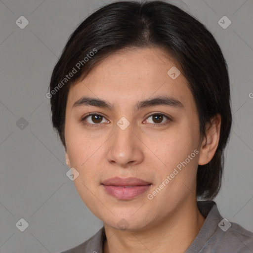 Joyful white young-adult female with medium  brown hair and brown eyes