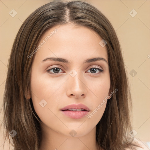 Neutral white young-adult female with long  brown hair and brown eyes