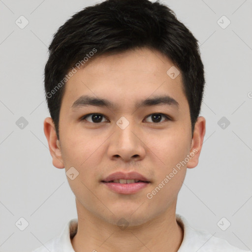 Neutral asian young-adult male with short  brown hair and brown eyes