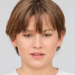 Neutral white young-adult female with medium  brown hair and brown eyes