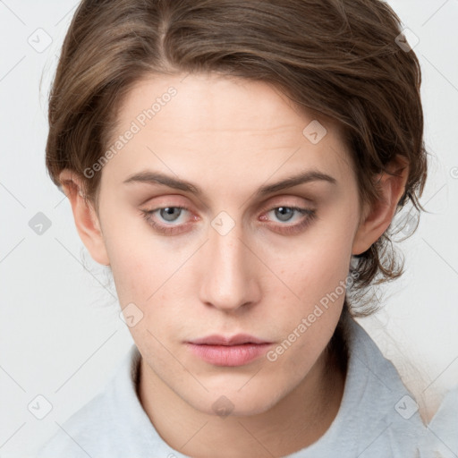 Neutral white young-adult female with medium  brown hair and grey eyes