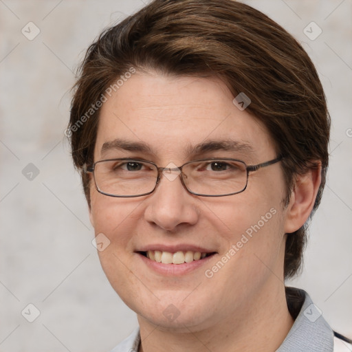 Joyful white adult female with medium  brown hair and grey eyes