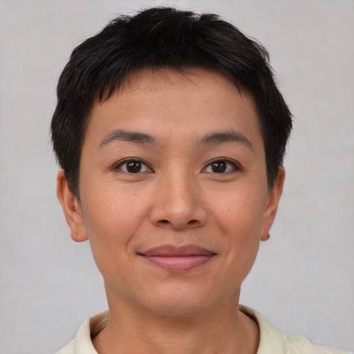 Joyful asian young-adult female with short  brown hair and brown eyes