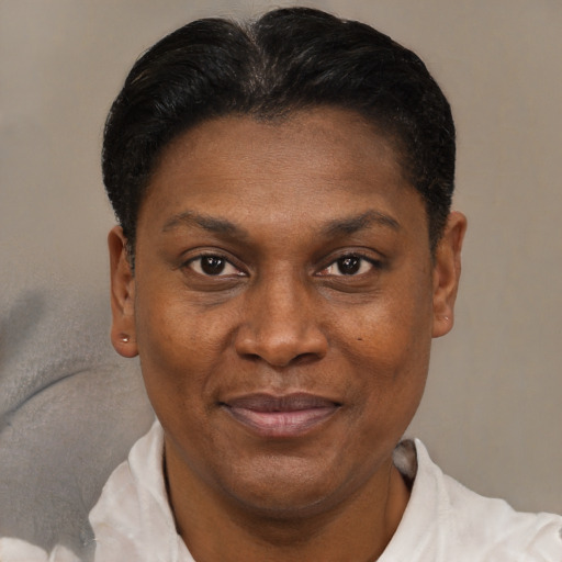 Joyful black adult female with short  brown hair and brown eyes