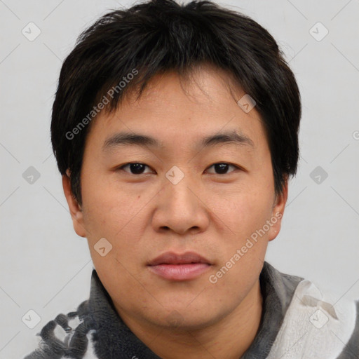 Neutral asian young-adult male with short  brown hair and brown eyes