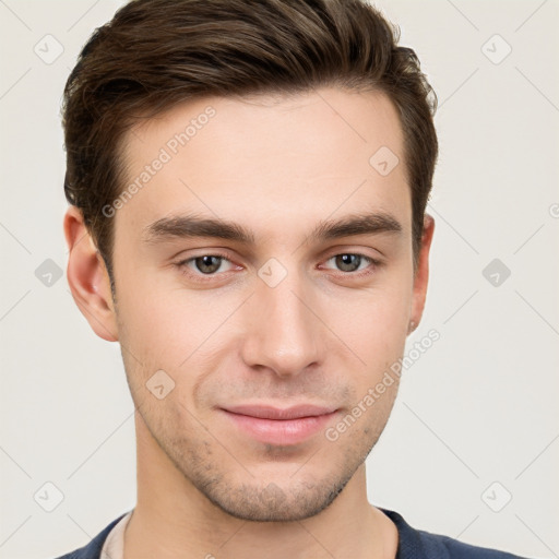 Neutral white young-adult male with short  brown hair and grey eyes