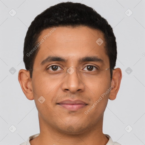 Neutral latino young-adult male with short  brown hair and brown eyes