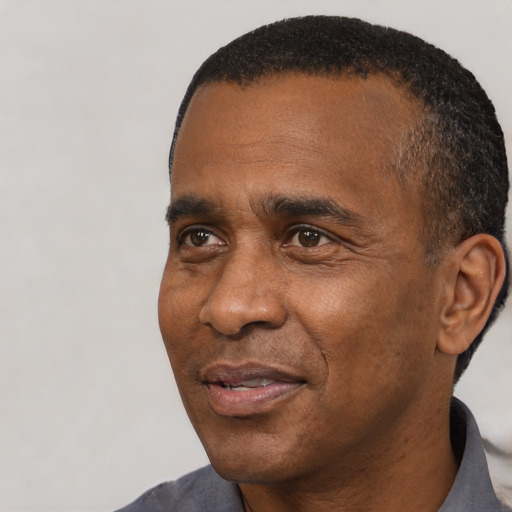 Joyful black adult male with short  black hair and brown eyes