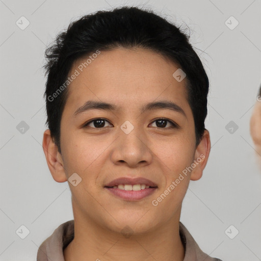 Joyful asian young-adult male with short  black hair and brown eyes