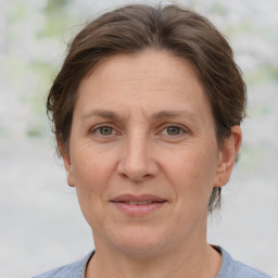 Joyful white adult female with medium  brown hair and grey eyes