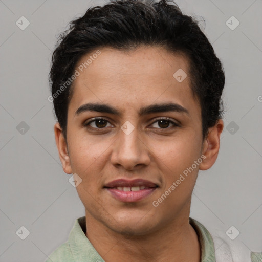 Joyful latino young-adult male with short  brown hair and brown eyes