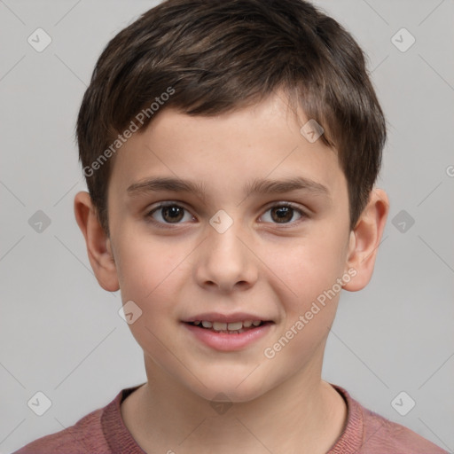 Joyful white child male with short  brown hair and brown eyes