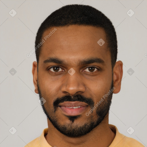 Neutral black young-adult male with short  black hair and brown eyes