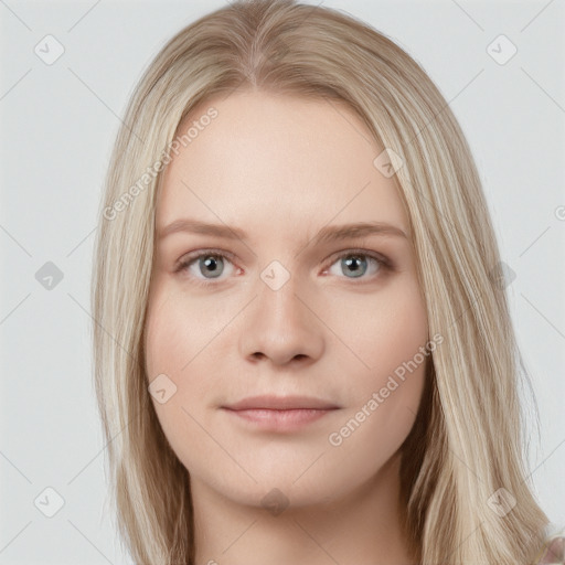 Neutral white young-adult female with long  brown hair and grey eyes