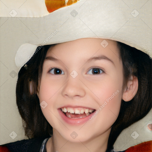 Joyful white child female with short  brown hair and brown eyes