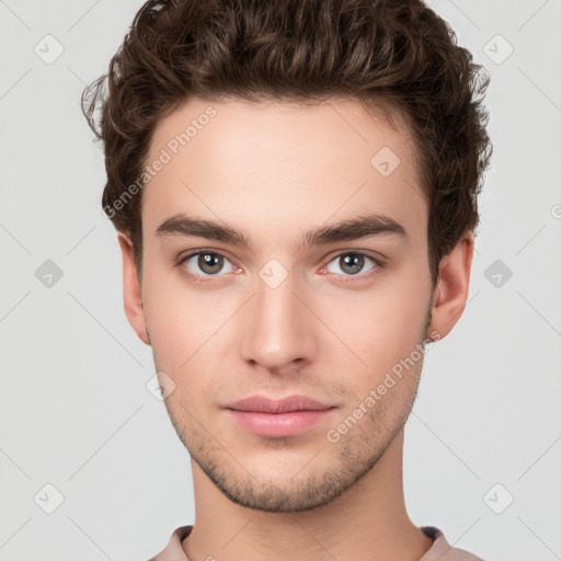 Neutral white young-adult male with short  brown hair and brown eyes