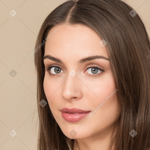 Neutral white young-adult female with long  brown hair and brown eyes