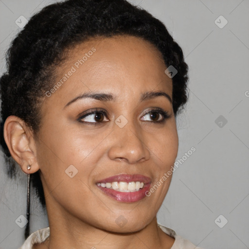 Joyful latino young-adult female with short  brown hair and brown eyes