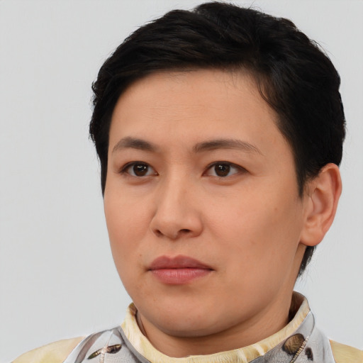 Neutral asian young-adult female with short  brown hair and brown eyes