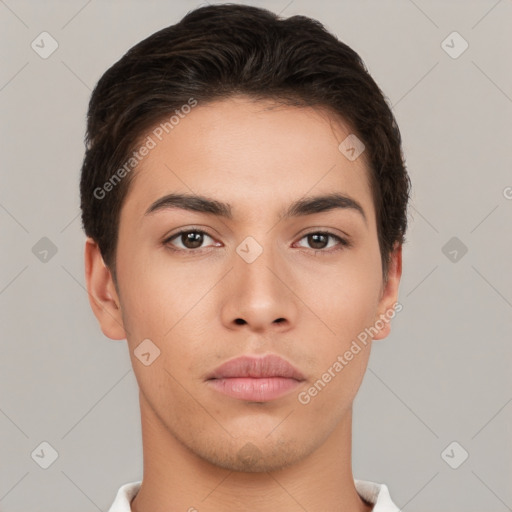 Neutral white young-adult male with short  brown hair and brown eyes