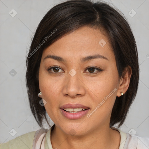 Joyful latino young-adult female with medium  brown hair and brown eyes