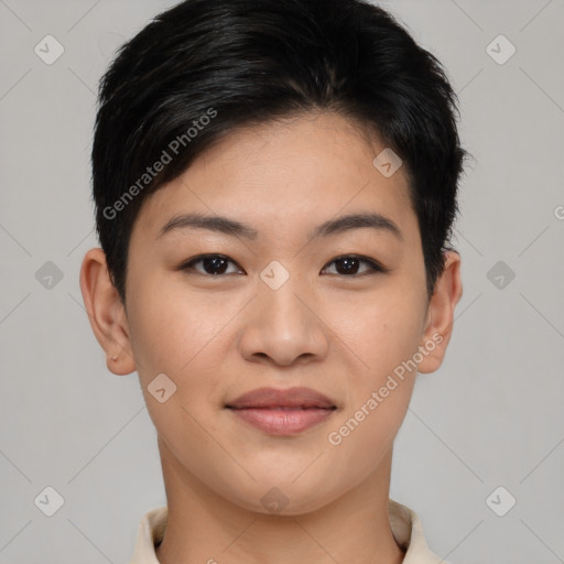 Joyful asian young-adult female with short  black hair and brown eyes