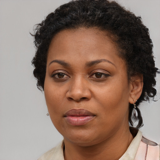 Joyful black adult female with short  brown hair and brown eyes