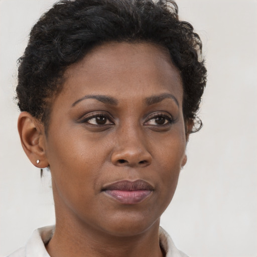 Neutral black young-adult female with short  brown hair and brown eyes