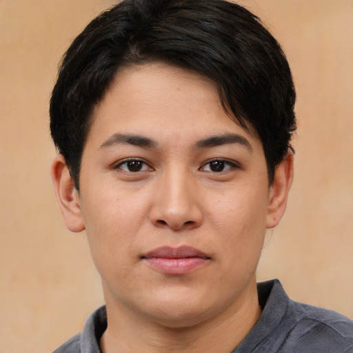 Neutral asian young-adult male with short  brown hair and brown eyes