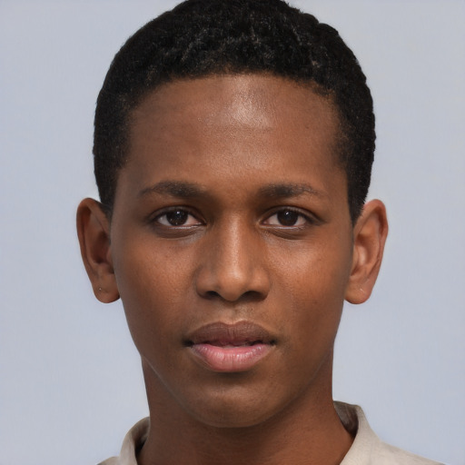 Neutral black young-adult male with short  black hair and brown eyes