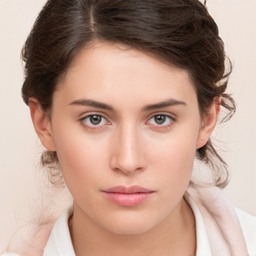 Neutral white young-adult female with medium  brown hair and brown eyes