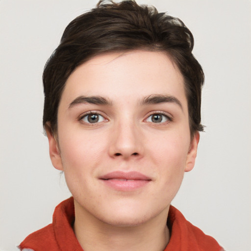 Neutral white young-adult female with short  brown hair and brown eyes