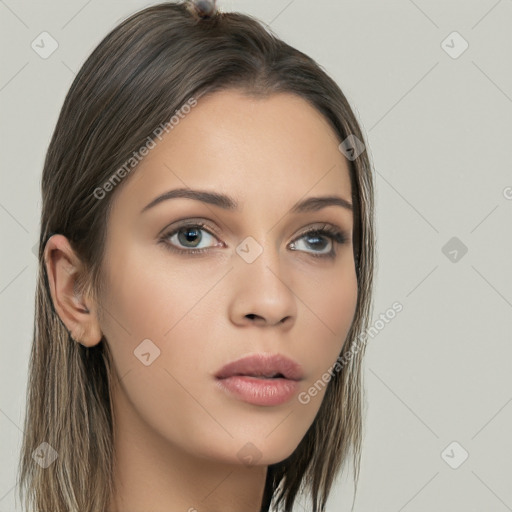 Neutral white young-adult female with long  brown hair and brown eyes