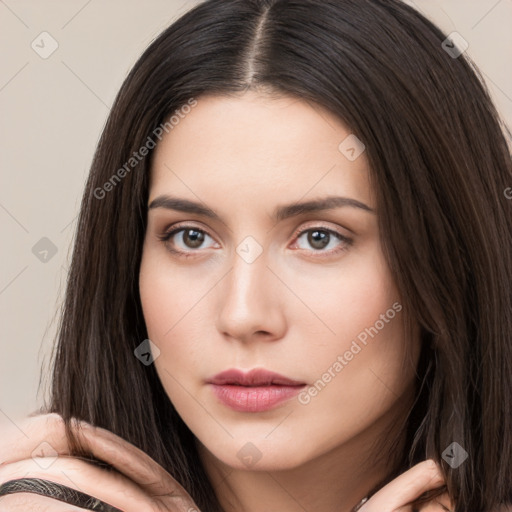 Neutral white young-adult female with long  brown hair and brown eyes