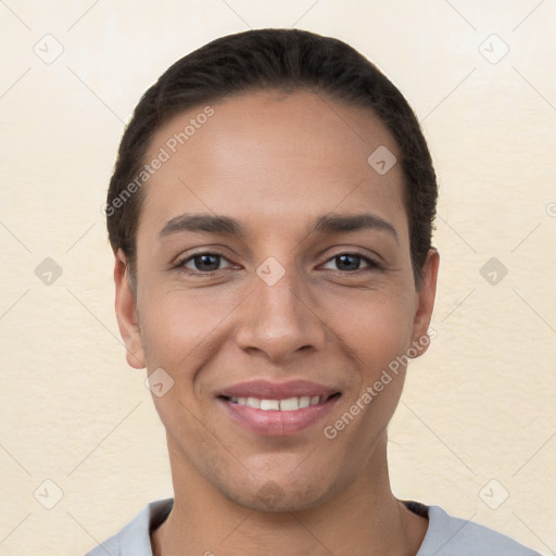 Joyful white young-adult female with short  brown hair and brown eyes