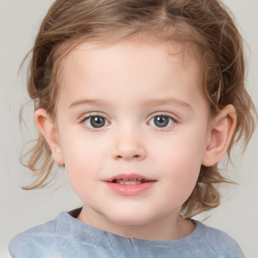 Joyful white child female with medium  brown hair and grey eyes