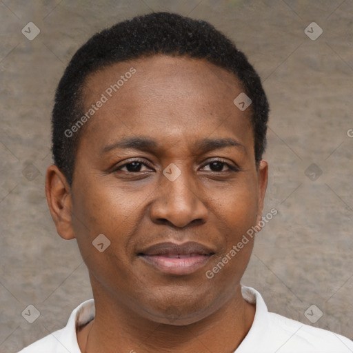 Joyful black young-adult male with short  brown hair and brown eyes