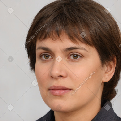 Neutral white young-adult female with medium  brown hair and brown eyes