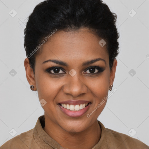 Joyful latino young-adult female with short  brown hair and brown eyes