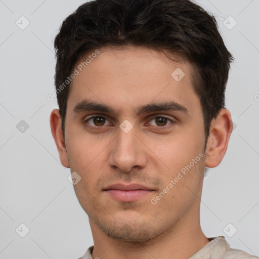 Neutral white young-adult male with short  brown hair and brown eyes