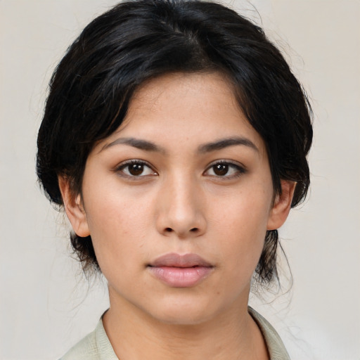 Neutral asian young-adult female with medium  black hair and brown eyes