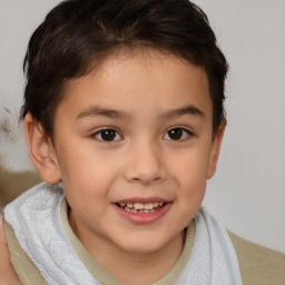 Joyful white child female with short  brown hair and brown eyes