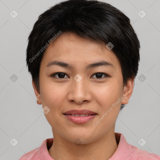 Joyful asian young-adult female with short  brown hair and brown eyes