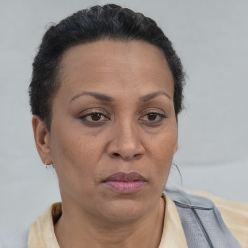 Joyful black adult female with short  brown hair and brown eyes