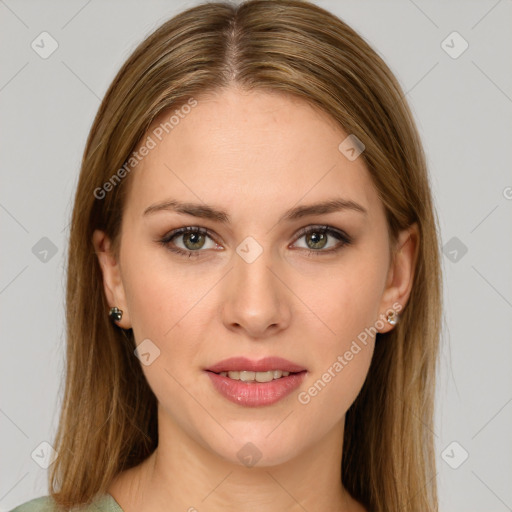 Joyful white young-adult female with long  brown hair and green eyes